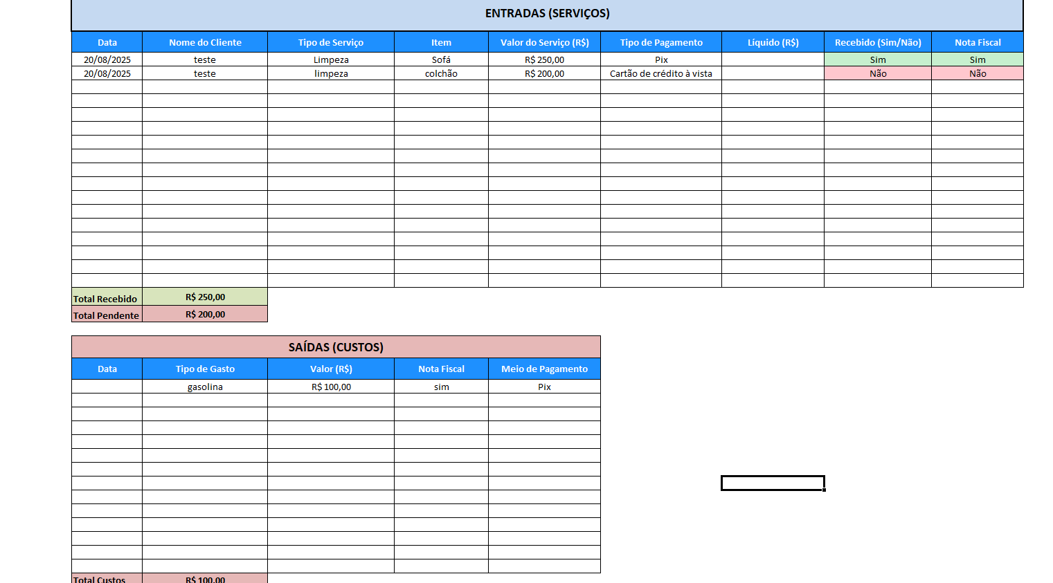 Exemplo da planilha de limpeza de sofá - Visão Geral